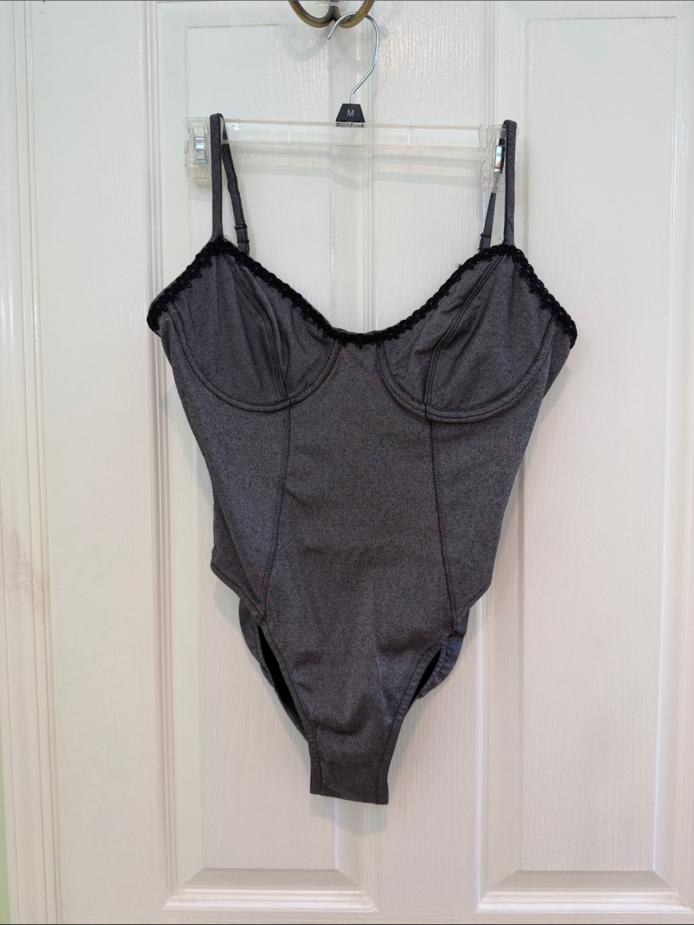 Vintage Oscar de la Renta Gray and Black Lace-Trim Swim Bodysuit